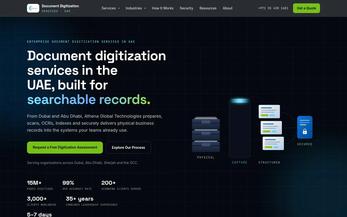 Desktop homepage from the Document Digitization Services website project